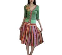 MLSHWUG Ensemble Estival Féminin Décontracté : Chemises En Tricot À Col En V Et Jupe Rayée Colorée Style Rétro, 2 Pièces,Vert,M