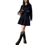 MLSHWUG Ensemble Femme Composé D'un Manteau En Tricot Ample Uni Avec Poches Et D'une Jupe Plissée Courte,Dark blue,M