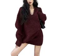MLSHWUG Ensembles Pour Femmes Style Coréen : Pull À Manches Longues Col En V Et Mini-Jupe Taille Haute Dissimulée,Burgundy,XL