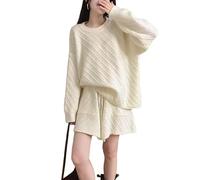 MLSHWUG Ensembles Vintage Pour Femme : Chemises Oversize Et Pantalons Chauds En Sergé Côtelé Tricoté, Ensemble 2 Pièces,Blanc,One Size