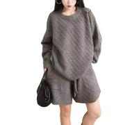 MLSHWUG Ensembles Vintage Pour Femme : Chemises Oversize Et Pantalons Chauds En Sergé Côtelé Tricoté, Ensemble 2 Pièces,Gris,One Size