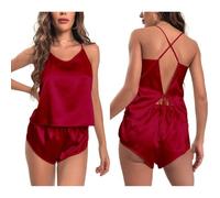 MLSHWUG Femmes Lingerie D'Été 2 Pièces Ensemble Couleur Unie Dos Nu À Lacets Camisole Doux Shorts Vêtements De Nuit,Rouge,XXL