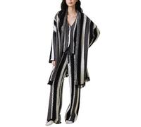 MLSHWUG Manteaux Rayés Vintage Pour Femmes Avec Gilet À Col En V À Franges, Pantalon Large En Tricot, Ensemble Chaud 3 Pièces,Noir,L