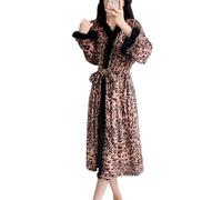 MLSHWUG Peignoirs De Détente pour Femmes À Col en V avec Imprimé Léopard, Bords en Peluche Blancs Et Patchwork,Marron,One Size