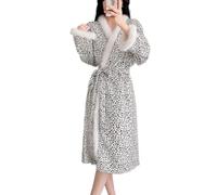 MLSHWUG Peignoirs De Détente pour Femmes À Col en V avec Imprimé Léopard, Bords en Peluche Blancs Et Patchwork,Blanc,One Size
