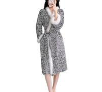 MLSHWUG Peignoirs De Détente pour Femmes À Col en V avec Imprimé Léopard, Bords en Peluche Blancs Et Patchwork,Noir,One Size