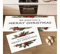 MLSOWM 2 Pièces Tapis de Cuisine Feuilles Et Fleurs Antidérapant et Lavable en Machine Éléments De Noël Sol Tapis Devant evier pour Le Bureau de Décoration à la Maison 45x75cm+45x150cm Blanc