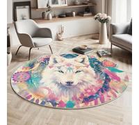 MLSOWM Art du Mandala Tapis Rond Attrape-Rêves Loup Blanc Tapis de Sol Décoration Antidérapant pour Salon, Chambre à Coucher, Salle à Manger Intérieur & Extérieur, 100cm, Rose