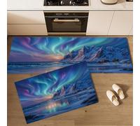 MLSOWM Aurore Boréale Tapis de Cuisine, 2 Pièces Antidérapants et Lavables Tapis de Sol Côte D'Aurora Tapis de Passage pour Couloir, Chambre à Coucher, Evier, 40x60cm+40x120cm Bleu Fluorescent