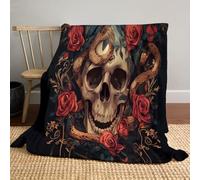 MLSOWM Couverture Polaire Flanelle Roses Et Crâne De Serpent, Plaid Doux et Confortable Art Gothique Couverture Chaude et Moelleuse en Rouge pour Canapé, Lit et Salon, 220x240cm