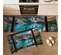 MLSOWM Ensemble de Tapis de Cuisine Montagnes Lacs Enneigés Antidérapant Lavable, Lot de 2 45x75cm+45x150cm Tapis de Sol Vue sur Le Lac par Fenêtre pour la Cuisine, la Salle à Manger, Turquoise