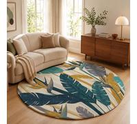 MLSOWM Feuilles Bananier Oiseau Paradis Tapis Rond à Poils Courts, 200cm Tapis de Sol Antidérapant Feuilles Tropicales Rétro Carpette de Décoration pour Chambre d'enfant, Salle à Manger, Blanc Cassé