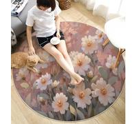 MLSOWM Fleurs De Rêve Tapis Rond 200cm Lavable en Machine Antidérapant Fleurs Sauvages Et Feuilles Ronde Carpet Descente de Lit Doux Poil Ras Carpette pour Salon Salle a Manger Bureau, Pêche