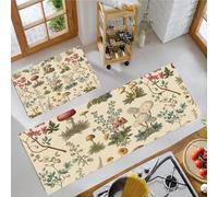 MLSOWM Fleurs Sauvages Et Champignons Tapis de Cuisine, 2 Pièces Antidérapants et Lavables Tapis de Sol Plantes Rétro Tapis de Passage pour Couloir, Chambre à Coucher, Evier, 45x75cm+45x150cm Beige