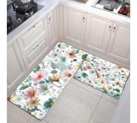 MLSOWM Fleurs Sauvages Tapis de Cuisine, 2 Pièces Antidérapants et Lavables Tapis de Sol Frais Et Guérisseur Tapis de Passage pour Couloir, Chambre à Coucher, Evier, 45x75cm+45x150cm Vert