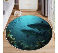 MLSOWM L'École des Requins Tapis Rond à Poils Courts, 200cm Tapis de Sol Antidérapant Monde des Profondeurs Carpette de Décoration pour Chambre d'enfant, Salle de Jeux, Chambre d'adolescent, Bleu