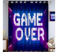 MLSOWM Lot de 2 Rideaux Occultant Esthétique du Jeu Rétro Rideau Isolant Thermique Anti Froid Pixel Art Tenture Opaque à Oeillets pour Chambre/Salon Décoration de Fenêtre 140L X 175H cm Bleu Néon