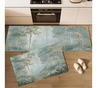 MLSOWM Lot de 2 Tapis de Cuisine Anti-Fatigue Forêt Brumeuse Tapis de Sol Antidérapants Fleurs Sauvages Le Long Chemin Forestier Paillasson pour Couloir, Devant Évier, 50x80cm+50x150cm, Bleu-Vert