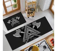 MLSOWM Lot de 2 Tapis de Cuisine Antidérapants Hache Viking, Tapis de Cuisine Mythologie Viking Lavable, Absorbe l'eau et l'huile, pour Couloir, Salle à Manger, Entrée, 43x75cm+43x120cm Noir