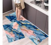MLSOWM Lot de 2 Tapis de Cuisine Art Fluide Moderne Antidérapants et Lavables Tapis de Porte Marbre Whirlpool Tapis de Sol Confortables pour évier Buanderie Chambre, 43x75cm+43x150cm Bleu