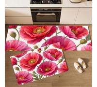 MLSOWM Lot de 2 Tapis de Cuisine Belles Fleurs Antidérapant,Lavable Tapis de Cuisine Champ De Coquelicots pour Couloir, Chambre à Coucher, Salle de Bain(Rouge, 40x60cm+40x120cm)