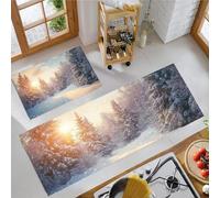 MLSOWM Lot de 2 Tapis de Cuisine des Flocons De Neige Tombent antidérapant et Lavable,Tapis de Sol Forêt d'hiver Absorbant l'eau pour Couloir, Salle à Manger Brun, 43x75cm+43x120cm
