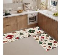 MLSOWM Lot de 2 Tapis de Cuisine Diamant De Noël Rétro Antidérapant, Lavable | Tapis de Cuisine Cloches Traîneau Sapin De Noël pour Cuisine, buanderie, Chambre à Coucher, 45x75cm+45x150cm