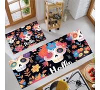 MLSOWM Lot de 2 Tapis de Cuisine Jour des Morts Exotique, Lavable en Machine | Tapis Cuisine Devant Evier Crâne Peint Antidérapante, Absorbante, Résistante à la Tache pour Couloir, Salle à Manger