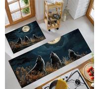 MLSOWM Lot de 2 Tapis de Cuisine Les Loups Hurlent La Nuit Tapis de Station Debout Confortables et Antifatigue pour la Couloir, Salle à Manger, Entrée, 43x75cm+43x150cm, Bleu Foncé