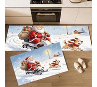 MLSOWM Lot de 2 Tapis de Cuisine Noël Humoristique 50x80cm+50x150cm, Antidérapant et Lavable, Tapis de Cuisine Devant Evier Motoneige du Père Noël Absorbant pour Manger, Buanderie Bleu Ciel