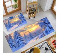 MLSOWM Lot de 2 Tapis de Cuisine Paysage d'hiver Antidérapant,Lavable Tapis de Cuisine Forêt De Cèdres Blancs pour Couloir, Chambre à Coucher, Salle de Bain(Bleu foncé, 43x75cm+43x120cm)