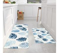 MLSOWM Lot de 2 Tapis de Cuisine Peinture À L'Encre Végétale Antidérapants, Tapis de Sol Tapis de Station Debout Feuilles Fougère Aquarelle pour Couloir, Chambre à Coucher, Salle de Bain (Bleu-Gris,)