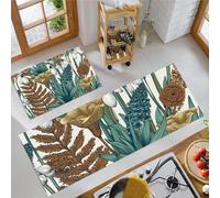 MLSOWM Lot de 2 Tapis de Cuisine Plantes en Ligne Antidérapants, Tapis de Sol Tapis de Station Debout Fougères Et Roseaux pour Couloir, Chambre à Coucher, Salle de Bain (Bleu-Vert, 43x75cm+43x120cm)