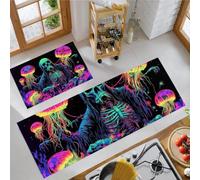 MLSOWM Lot de 2 Tapis de Cuisine Psychédélique Sombre 50x80cm+50x150cm, Antidérapant et Lavable, Tapis de Cuisine Devant Evier Méduse Mortelle Absorbant pour Manger, Couloir, Buanderie Rouge Fluo