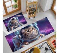 MLSOWM Lot de 2 Tapis de Cuisine Thème Science-Fiction 45x75cm+45x150cm, Antidérapant et Lavable, Tapis de Cuisine Devant Evier Chat Tigré Astronaute Absorbant pour Manger, Couloir, Buanderie