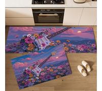 MLSOWM Lot de 2 Tapis de Sol Anti-Fatigue Magnifique Champ Fleurs Sauvages Tapis de Cuisine Antidérapant Carpet Guitare Fleur pour Décoration de la Maison et du Bureau, 43x75cm+43x150cm, Bleu Foncé