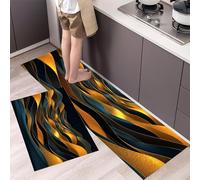 MLSOWM Montagnes Dorées Ensemble de Cuisine Antidérapant Lavable, Vagues Abstraites Tapis de Cuisine 2 pièces Tapis Sol pour Le Bureau Décoration à la Maison 43x75cm+43x120cm Bleu Foncé