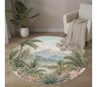 MLSOWM Montagnes La Jungle Tapis de Salon Rond 80cm, Tapis à Poils Courts Plantes Et Fleurs Antidérapant Lavable en Machine Moelleux Moquette pour Salon Chambre Table, Vert Sauge - Facile à Nettoyer