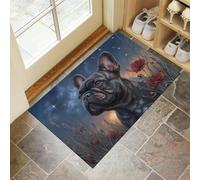 MLSOWM Paillasson Interieur Entree 40 x 60 cm, Tapis Bienvenue Fin Champs Fleurs Oniriques sous Ciel Nocturne Antidérapant Lavable Tapis de Porte Bouledogue Français pour Couloir Cuisine Salle Bain,