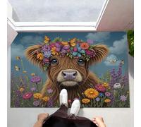 MLSOWM Paillasson Interieur Entree 90 x 150 cm, Tapis de Bienvenue Fin Sty Pastoral Antidérapant Lavable Tapis de Porte Bétail Highlands Garland pour Couloir Cuisine Salle De Bain, Bleu Ciel