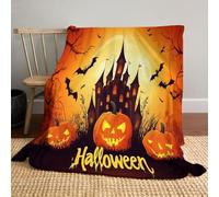 MLSOWM Plaid Couvertures en Polaire Nuit d'halloween Couverture en Flanelle Citrouilles Et Châteaux Douce Légères Jete de Canape Toutes Saisons pour Voyager, Lit ou Canapé (150x200cm, Orange)