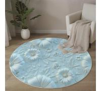 MLSOWM Relief Floral Tapis Rond 100cm Lavable en Machine Antidérapant Belles Fleurs Ronde Carpet Descente de Lit Doux Poil Ras Carpette pour Salon Salle a Manger Bureau, Blanc Ivoire