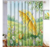MLSOWM Rideau Occultant 140x245cm, Lot de 2 Double Rideau Isolant Anti-Bruit Rideaux Opaque Pastorale Fraîche Rideaux à Oeillets Parapluies Fleurs Sauvages, Décoration Chambre Fenetre, Jaune Vert