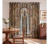 MLSOWM Rideaux Occultants Rétro Naturel 132x160cm, Lot de 2 | Rideaux à Œillets Cascade Forêt Tropicale Bouddha Debout, Thermique Isolant, Anti Froid, Protection UV pour Salon, Chambre. Bureau