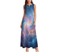 MLSOWM Robe Longue D'été pour Femme Nébuleuse des Rêves, Maxi Robe sans Manches Col V Vaste Univers Robes De Plage Décontracté Grande Taille avec Poches