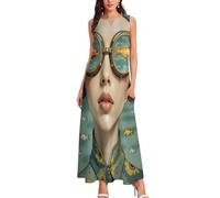 MLSOWM Robe Longue D'Été pour Femmes Lunettes De Natation Rétro Beauté Robes de Plage sans Manches à Col en V Surréalisme Robes Maxi A-Line avec Poches pour Fête Plage Vacances Voyage