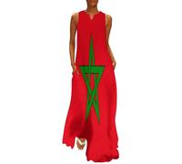 MLSOWM Robe Longue Femme Drapeau du Maroc, sans Manches Ete Robe de Plage, Boheme Maxi Robes Vêtements Patriotiques Casual Col en V Robes de Plage avec Poches