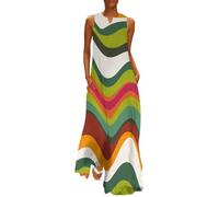 MLSOWM Robe Longue Femme Rayures Ondulées Rétro, sans Manches Ete Robe de Plage, Boheme Maxi Robes Style des Années 70 Casual Col en V Robes de Plage avec Poches, Vert Sauge