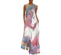 MLSOWM Robe Maxi D'été Femme Cheval Blanc De Dessin Animé, Décontracté Robes de Plage Nuages De Rêve, sans Manches Casual Longue Robe Grande Taille Col V Robes avec Poches