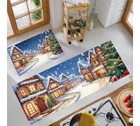 MLSOWM Scène De Rue du Village De Noël Lot de 2 Tapis de Cuisine antidérapants lavables pour Salon, Chambre à Coucher, Salle Bain Anti-Fatigue pour décoration Maison 40x60cm+40x120cm Bleu Foncé
